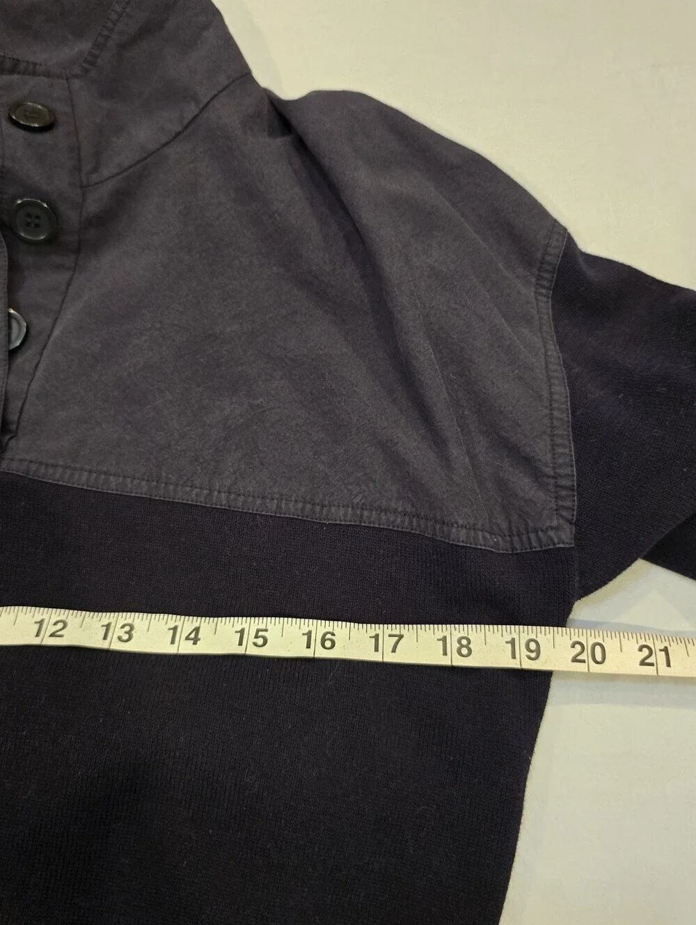 COS Small  navy colorblock button up quarter button long sleeve sweater